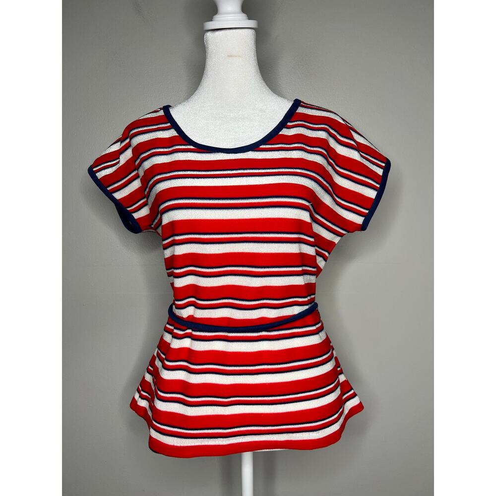 Vintage‎ 70s Terrycloth Nautical Striped Top Belted Retro Resortwear Women's 10
